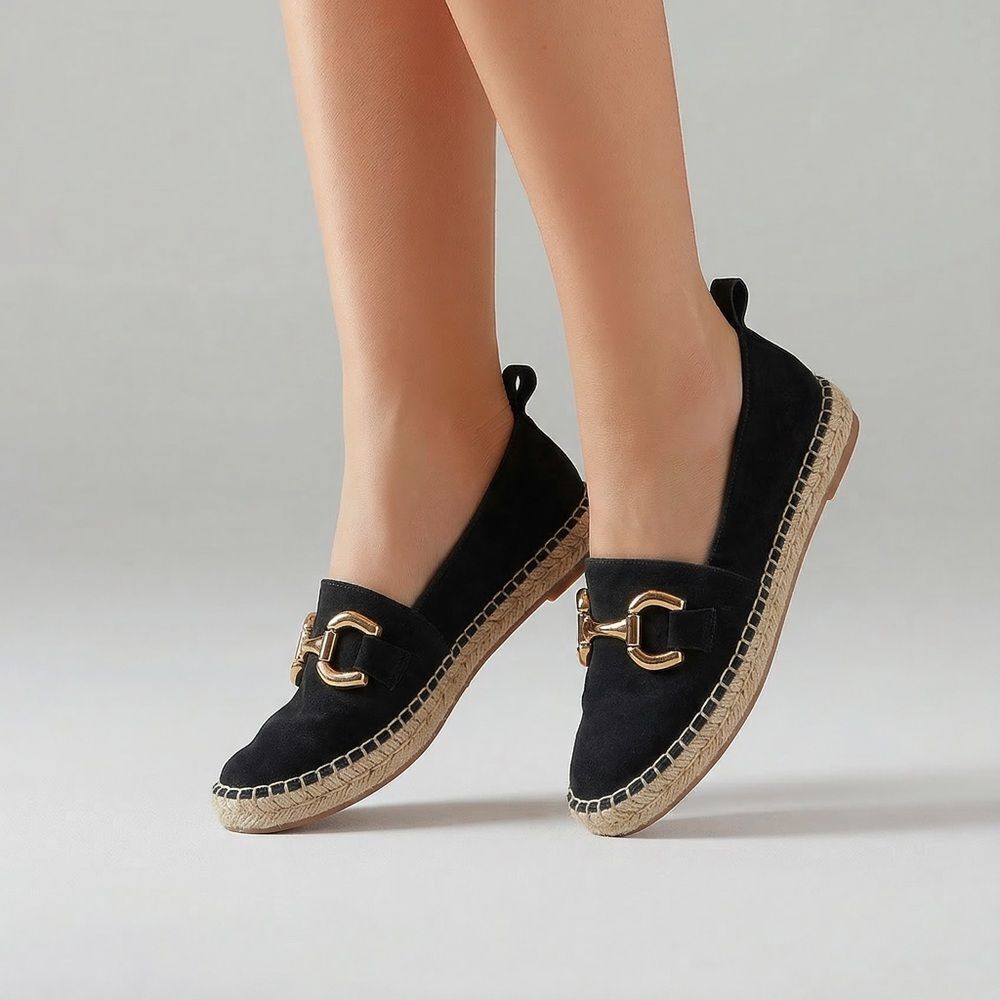 Zara Black Espadrille Loafers Gold Horsebit Slip On EU 36 US 6